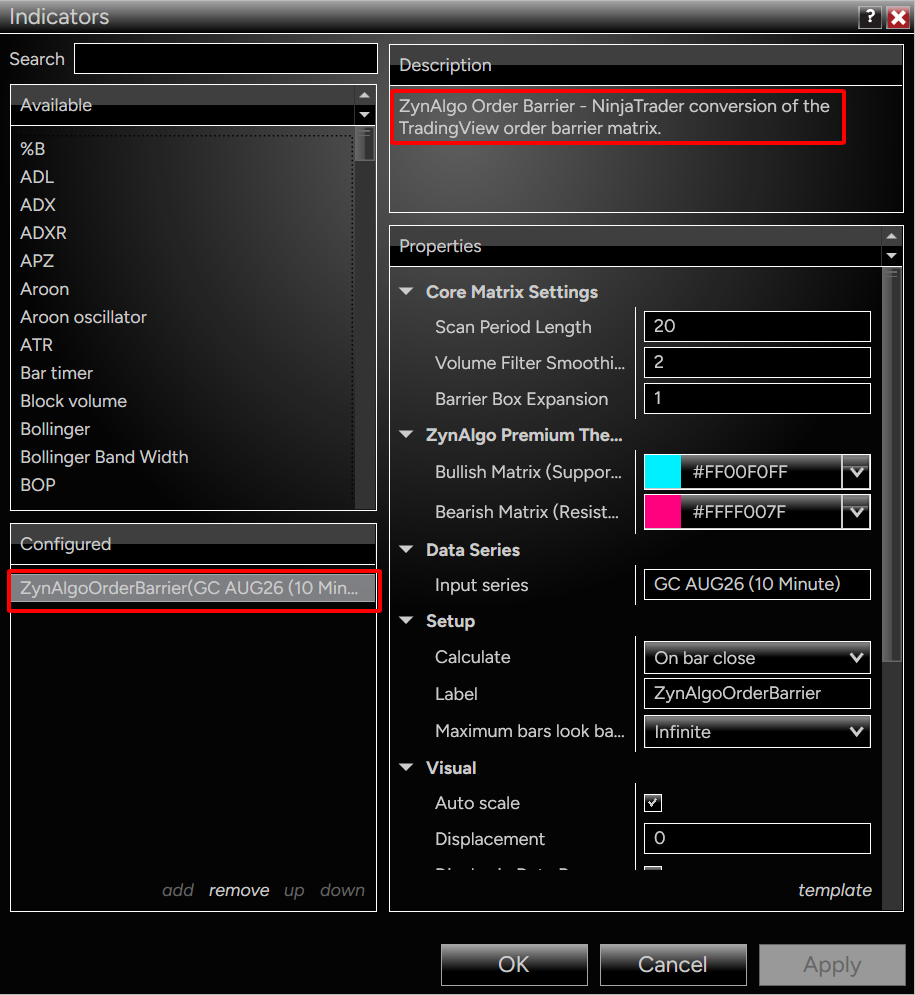 Figure 2 - The inputs that build a barrier, in the NinjaTrader 8 Indicators window: Scan Period Length (pivot detection), Volume Filter Smoothing (adaptive threshold) and Barrier Box Expansion (ATR thickness).