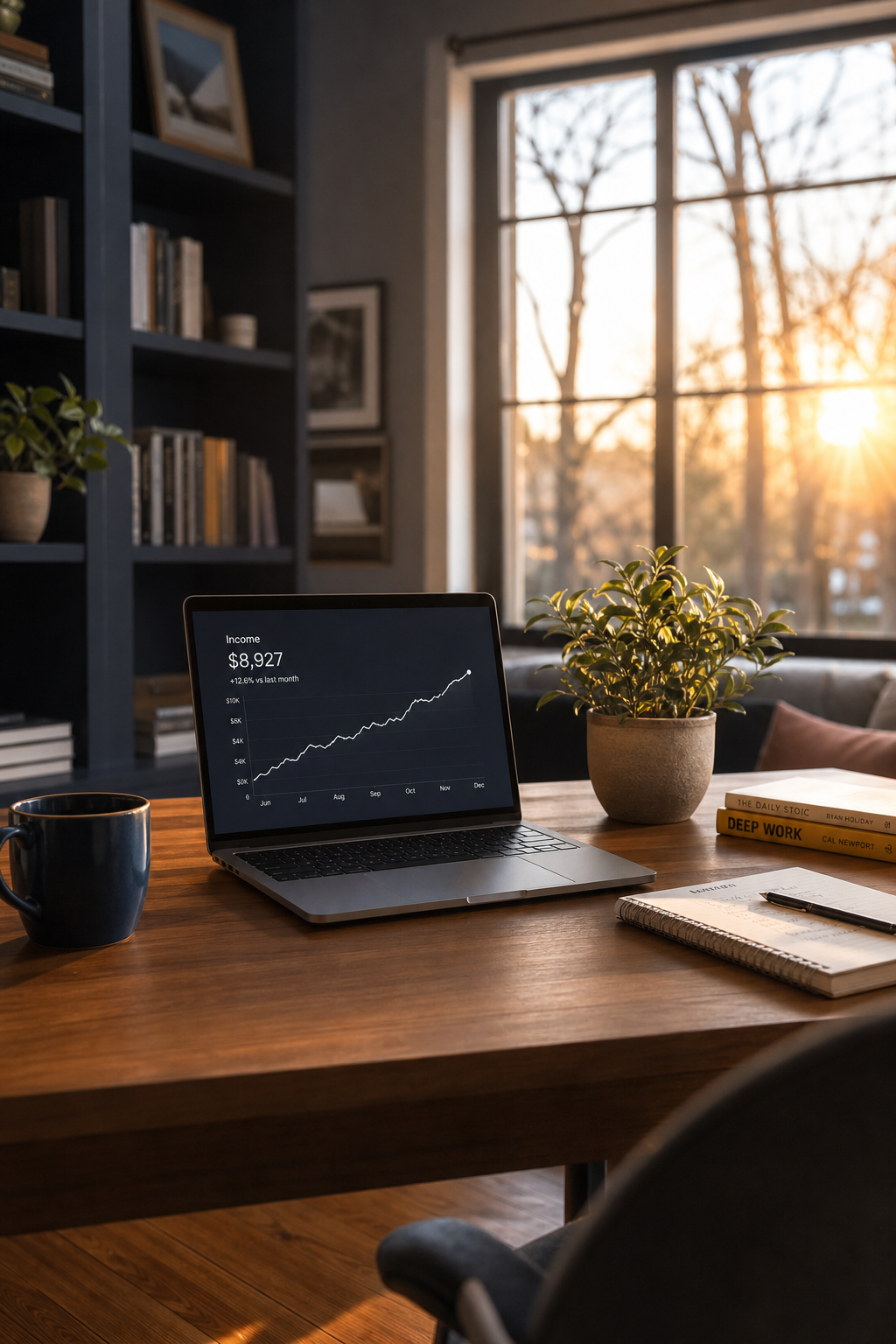 Calm home office at golden hour with laptop showing consistent income growth