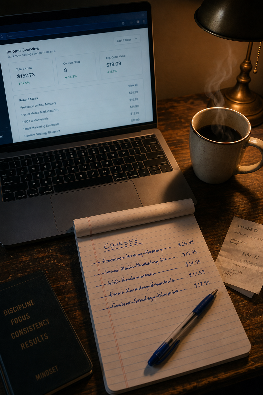 Late-night desk covered with crossed-out course notes and a laptop showing a first income dashboard